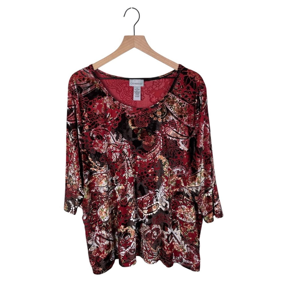 Catherines Women's Velvet Burnout Top Size 2X Burgundy Floral Paisley Boho Artsy